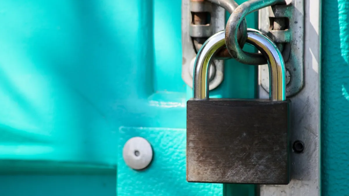 A padlock securing a door