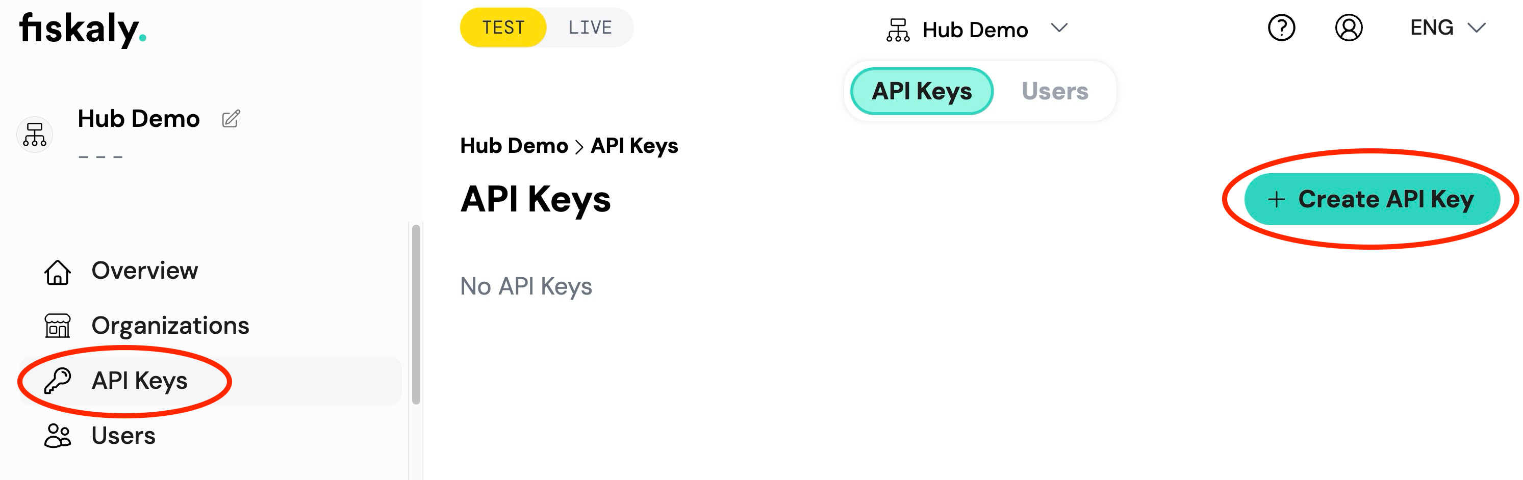 API Keys section in fiskaly HUB