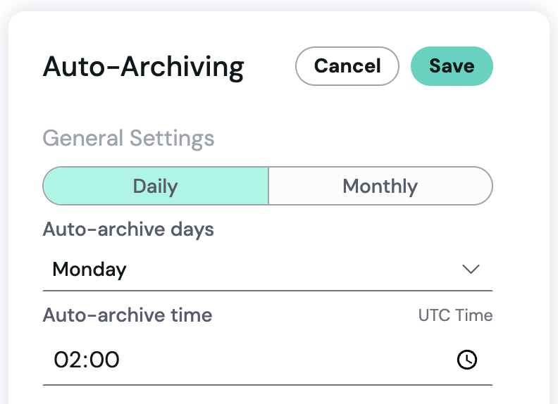 Configuración de frecuencia y hora de archivado en fiskaly SAFE